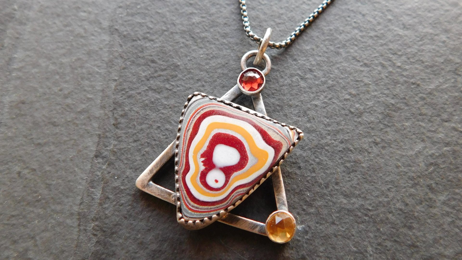 Red Yellow Fordite Detroit Agate Garnet Citrine Oxidized Sterling Silver Modernist Asymmetrical Pendant Necklace
