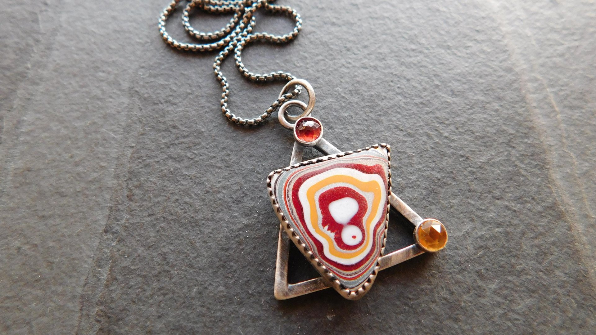 Red Yellow Fordite Detroit Agate Garnet Citrine Oxidized Sterling Silver Modernist Asymmetrical Pendant Necklace