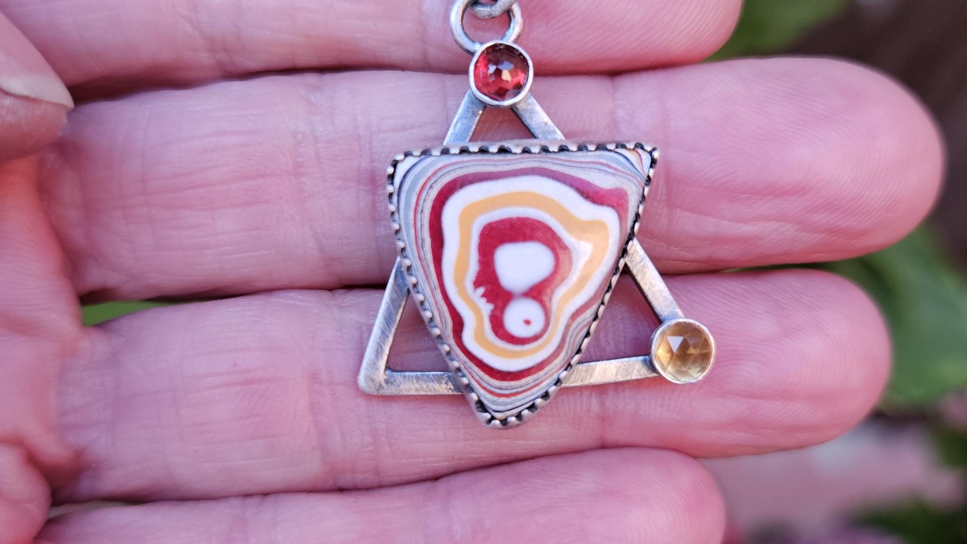 Red Yellow Fordite Detroit Agate Garnet Citrine Oxidized Sterling Silver Modernist Asymmetrical Pendant Necklace