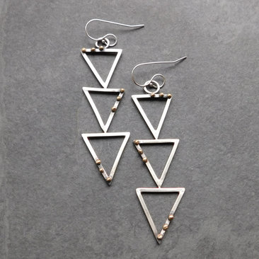 Geometric Cascading Triangle Earrings, Oxidized Sterling Silver, 14K Gold, Mixed Metal Modernist Earrings