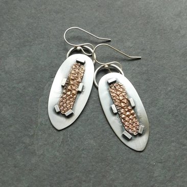Sterling Silver Bronze Lizard Skin Mod Industrial Earrings, Mixed Metal Textured Dangles