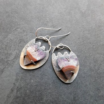 Amethyst Slice Raw Mineral Sterling Silver Boho Earrings, Natural Amethyst Crystal Dangles