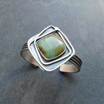 Peruvian Blue Opal Statement Cuff, Oxidized Sterling Silver, Geometric Wire Stone Bracelet