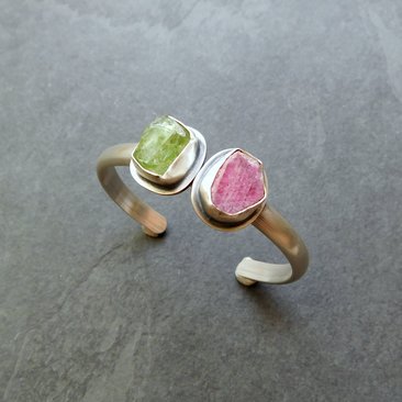 Raw Mineral Peridot Ruby Sterling Silver Bracelet, Pink Green Natural Crystal Jewelry
