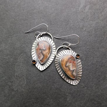 Brown Crazy Lace Agate Smoky Topaz Sterling Silver Wavy Stamped Earrings