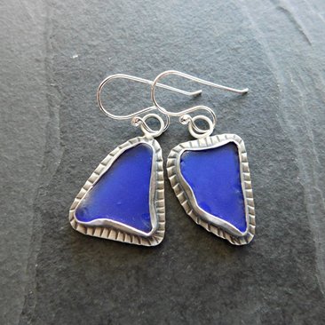 Cobalt Blue Natural Sea Glass Mismatched Oxidized Sterling Silver Stamped Dangle Earrings