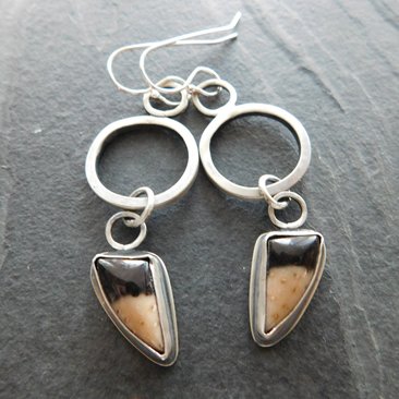 Petrified Fern Mod Hoop Sterling Silver Earrings, Black Tan Stone Dangle Hoops