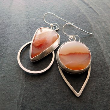 Fiery Orange Brazilian Parana Agate Mismatched Sterling Silver Modernist Statement Earrings