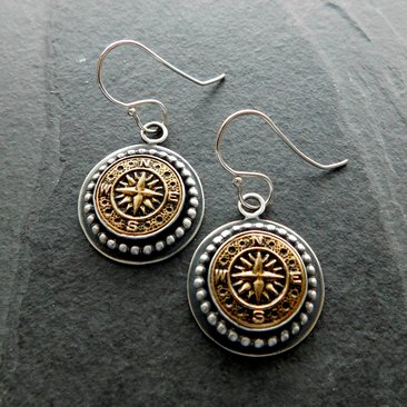 Vintage 1970s Gold-tone Metal Compass Button Sterling Silver Dangle Earrings