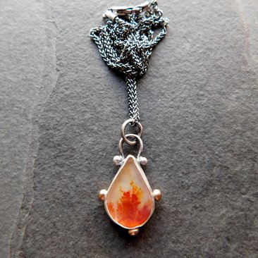 Orange Fall Foliage Dendritic Agate Scenic Stone Sterling Silver 14K Gold Minimalist Pendant Necklace