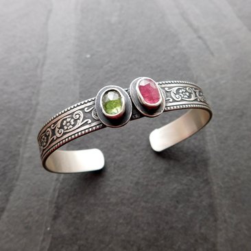 Pink Green Tourmaline Multi Stone Oxidized Sterling Silver Ornate Floral Wire Cuff Bracelet