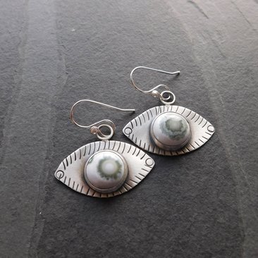 Green Ocean Jasper Eye Sterling Silver Stamped Dangle Earrings