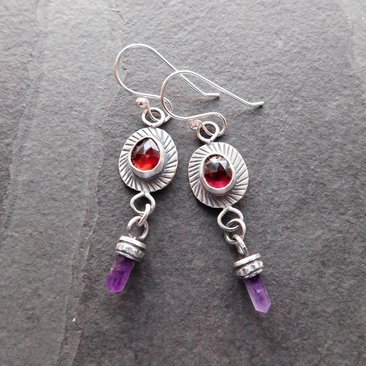 Deep Red Rosecut Garnet Tiny Amethyst Quartz Crystal Point Stamped Sterling Silver Multi Stone Dangle Earrings