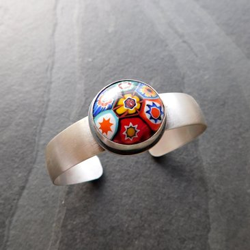 Primary Colors Vintage Millefiori Glass Oxidized Brushed Sterling Silver Cuff Bracelet