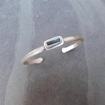 Deep Teal Indicolite Tourmaline Raw Crystal Textured Line Sterling Silver Skinny Stacking Cuff Bracelet