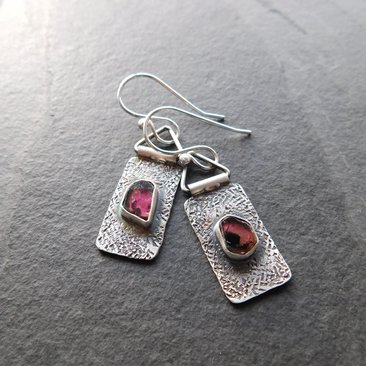 Deep Fuchsia Pink Tourmaline Slice Textured Sterling Silver Hinged Lightweight Everyday Dangle Earrings