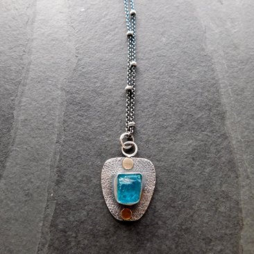 Neon Blue Apatite Raw Mineral Natural Crystal Textured Sterling Silver 14K Gold Accent Pendant Necklace