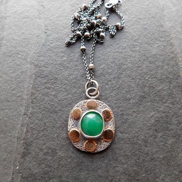 Natural Rosecut Zambian Emerald Textured Sterling Silver 14K Gold Dot Mixed Metal Pendant Necklace