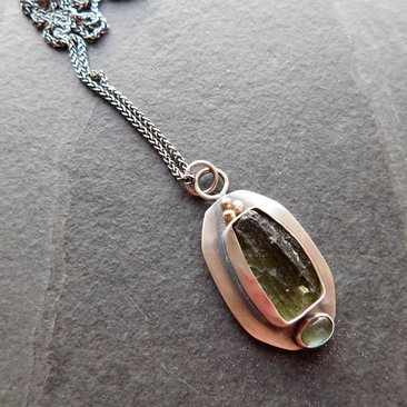 Natural Rough Moldavite Light Green Tourmaline Sterling Silver 14K Gold Accents Pendant Necklace