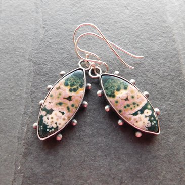 Forest Green Mauve Pink Ocean Jasper Oxidized Sterling Silver Dotted Dangle Earrings