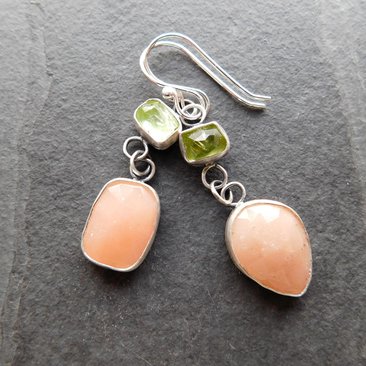 Peach Moonstone Lime Green Tourmaline Oxidized Sterling Silver Mismatched Dangle Earrings