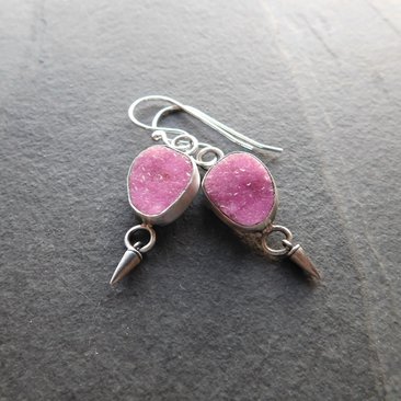 Fuchsia Pink Cobalto Calcite Druzy Oxidized Sterling Silver Dangle Earrings
