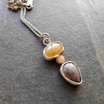 Butterscotch Yellow Slate Gray Multi Sapphire Sterling Silver 14K Gold Accent Pendant Necklace